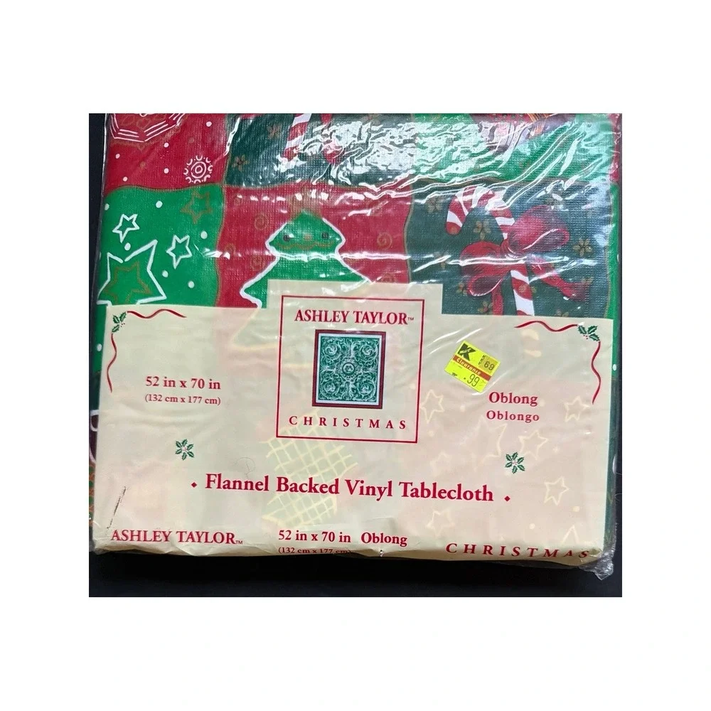 Ashley Taylor Christmas Flannel Backed Vinyl Tablecloth 52x70 Oblong Red Green